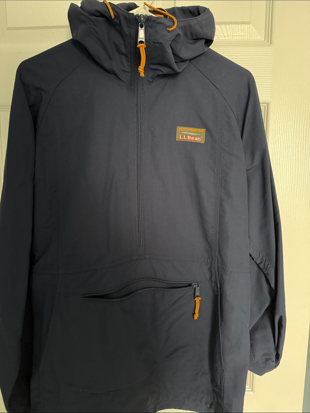 L.L. Bean Navy Hooded Windbreaker with Yellow Accents